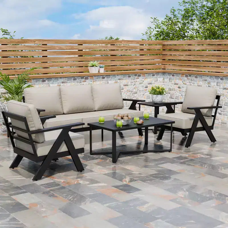 EAGLE PEAK Urban Slate 5 Piece Modern Outdoor Patio Furniture Set, Couch, Swivel Chairs, Coffee Table, and Side Table