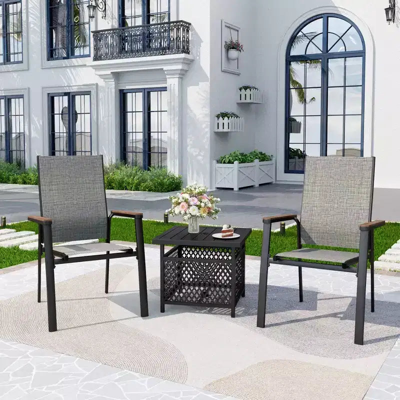 Captiva Designs 3pc Outdoor Patio Dining Steel Table & Gray Wood-look Arm Textilene Sling Chairs