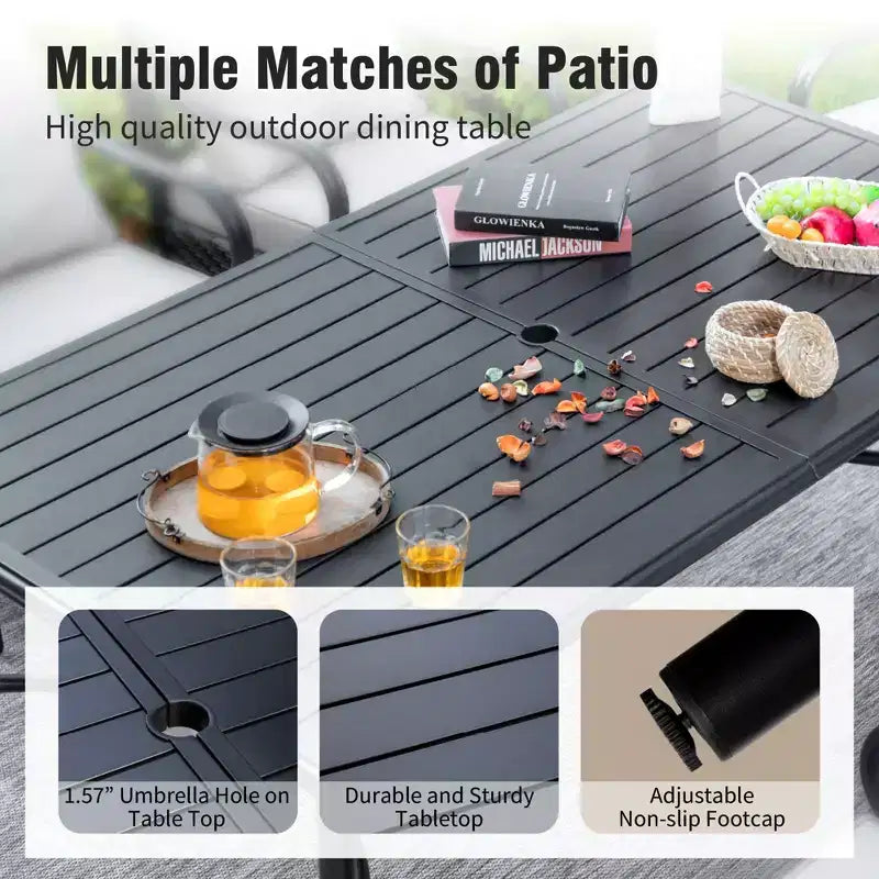 Captiva Designs 7pc Patio Slatted Top Steel Dining Table with Umbrella Hole & Stylish Back Metal Chairs