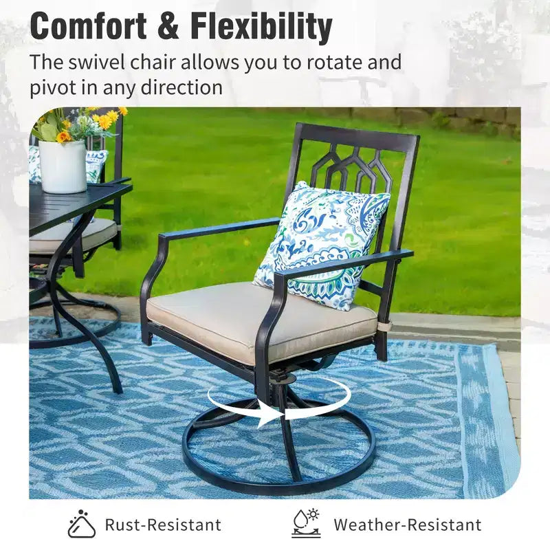 Captiva Designs 7pc Patio Slatted Top Steel Dining Table with Umbrella Hole & Stylish Back Metal Chairs