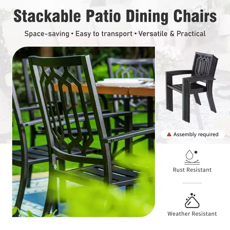 Captiva Designs 7pc Patio Slatted Top Steel Dining Table with Umbrella Hole & Stylish Back Metal Chairs
