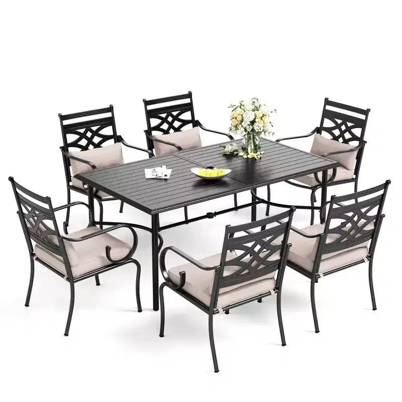 Captiva Designs 7pc Patio Slatted Top Steel Dining Table & Metal Chairs with Seat Cushions and Waist Pillows