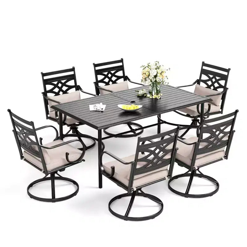 Captiva Designs 7pc Patio Slatted Top Steel Dining Table & Metal Chairs with Seat Cushions and Waist Pillows