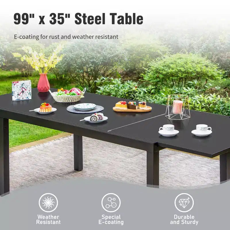 Captiva Designs 7pc Outdoor Patio Expandable Steel Dining Table & Crescent Arm Rattan Chairs