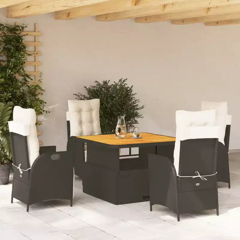 vidaXL 5 Piece Patio Dining Set with Cushions - Adjustable Reclining Chairs & Lift-up Table, Black Poly Rattan, Weather-Resistant Outdoor Furniture