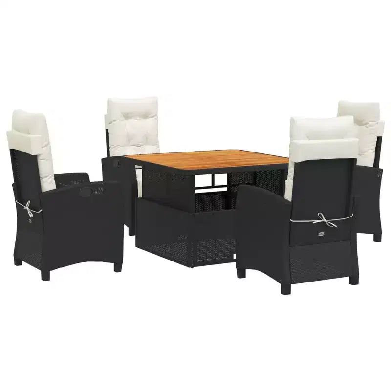 vidaXL 5 Piece Patio Dining Set - Black Poly Rattan with Cream Cushions, Adjustable Table, Reclining Chairs