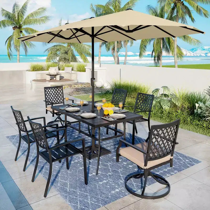 Captiva Designs 8pc Outdoor Slat-top Rectangular Steel Dining Table & Black Steel Chairs & Beige Umbrella