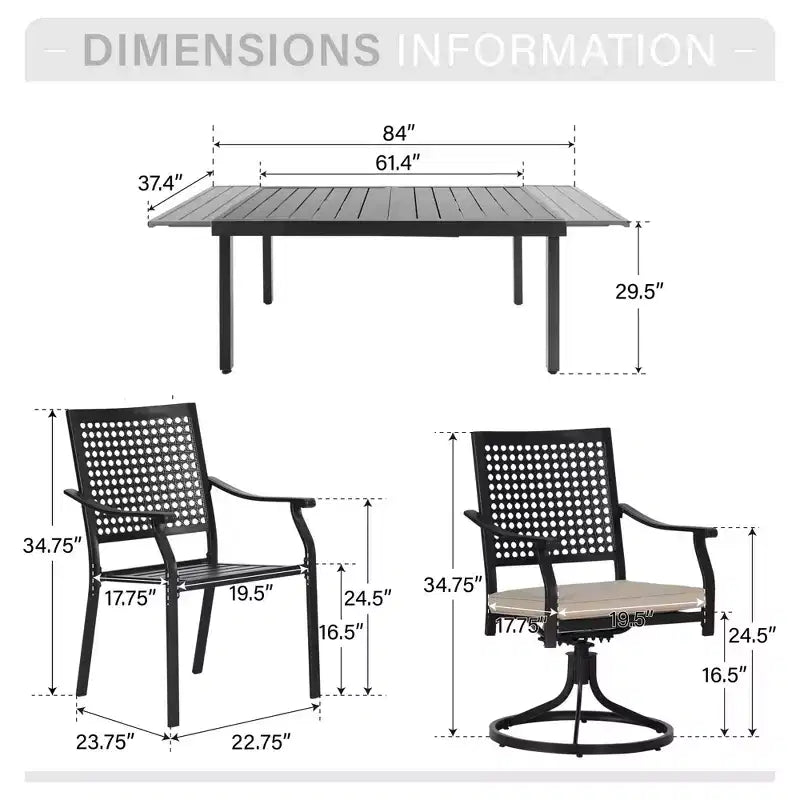 Captiva Designs 7pc Patio Dining Slat-top Expandable Rectangle Steel Table & Stylish Back Metal Chairs