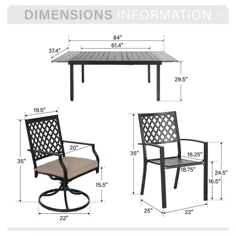Captiva Designs 7pc Patio Dining Slat-top Expandable Rectangle Steel Table & Stylish Back Metal Chairs