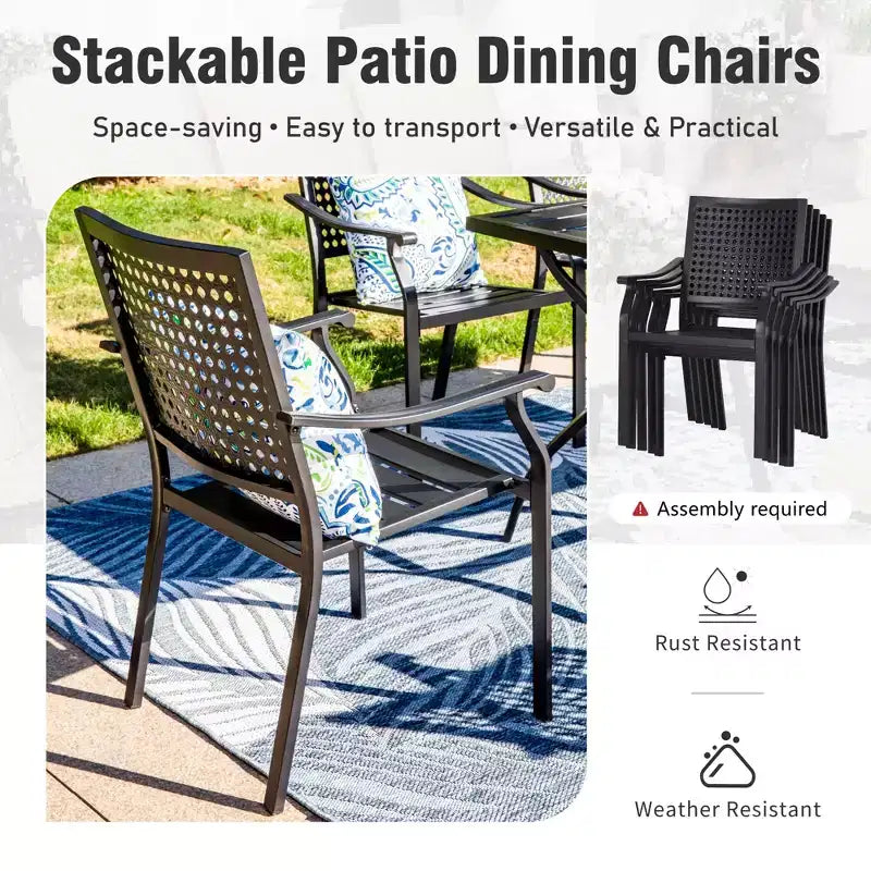 Captiva Designs 7pc Patio Dining Slat-top Expandable Rectangle Steel Table & Stylish Back Metal Chairs