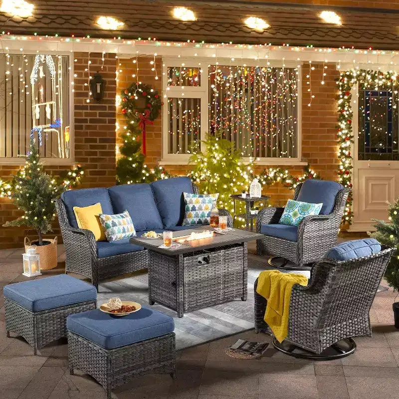HOMLUX Outdoor Swivel Rocking Chairs with Fire Pit Table Set Patio Furniture Set