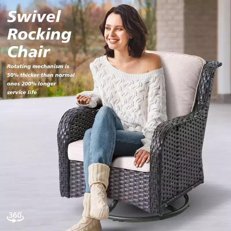 HOMLUX Outdoor Swivel Rocking Chairs with Fire Pit Table Set Patio Furniture Set