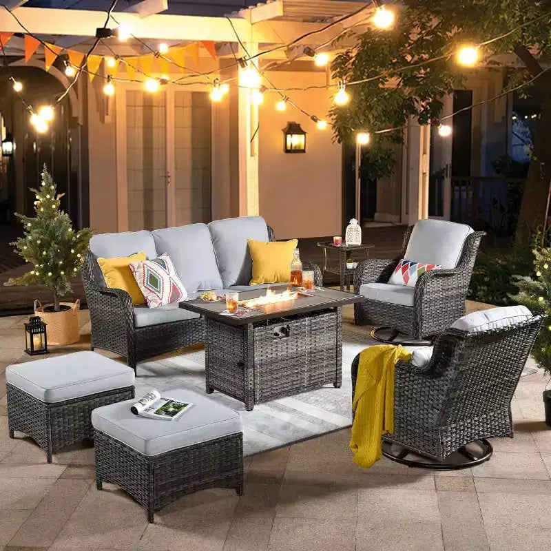 HOMLUX Outdoor Swivel Rocking Chairs with Fire Pit Table Set Patio Furniture Set