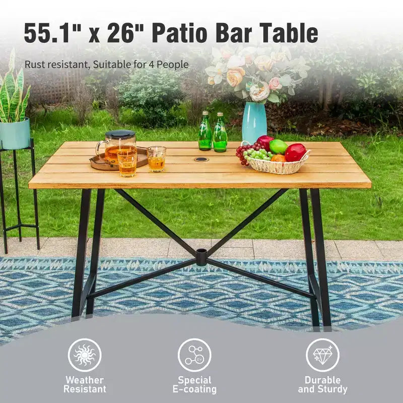 Captiva Designs 5pc Patio Slat-top Rectangle Wood-look Finished Metal Bar Table & Sling Swivel Bar Stools