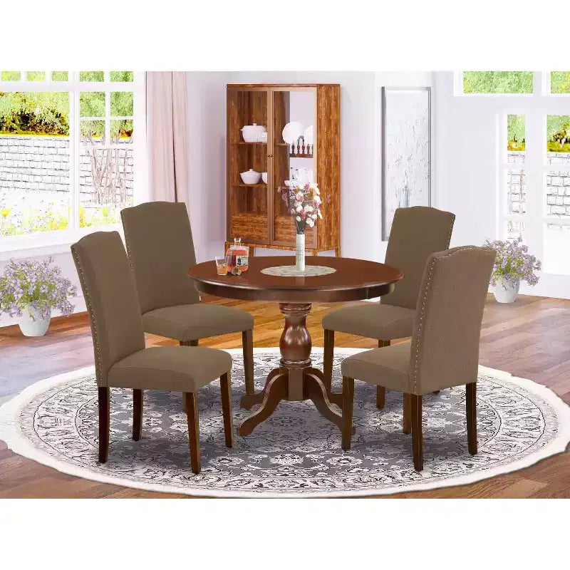 5-Piece Mahogany Finish Solid Wood Top Dining table with 4 Chairs with