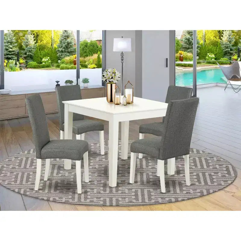 French Country Dining Set 5Pc Square Table & Chairs - Linen White Legs, Gray Fabric