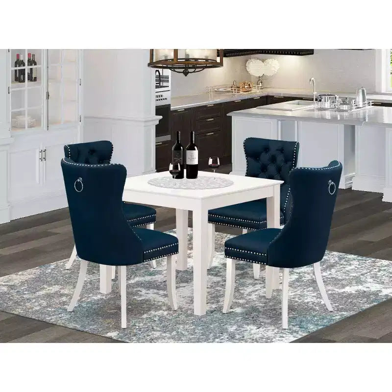 5-Piece Linen White Finish Solid Wood Top - Square Upholstered Dining Room Set - Seats 4