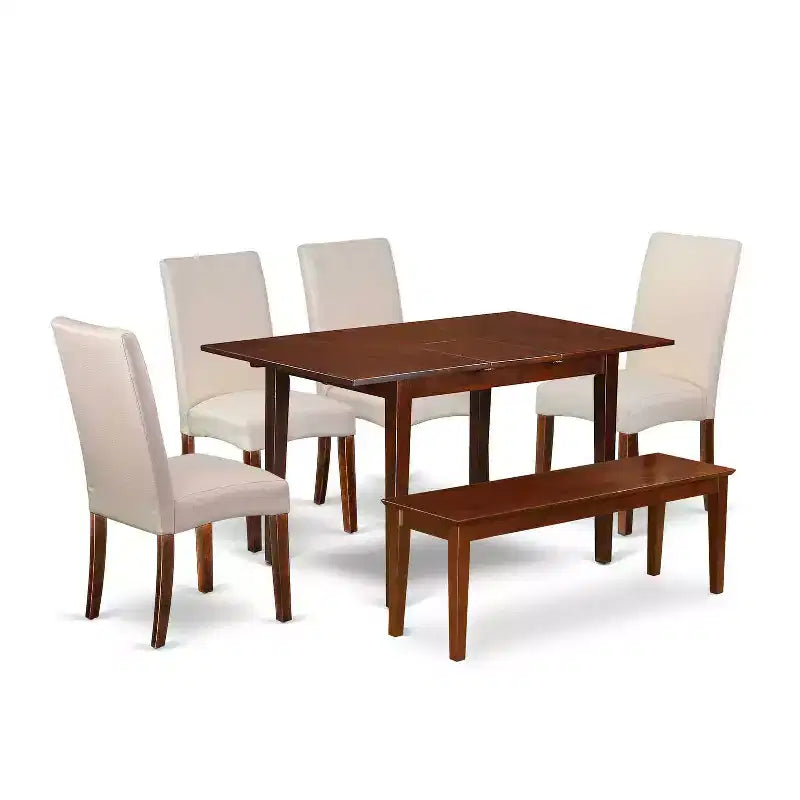 Rustic Dining Set 6 Piece - Kitchen Table with Leaf & 4 Linen Chairs, Bench - 32x60 Inch