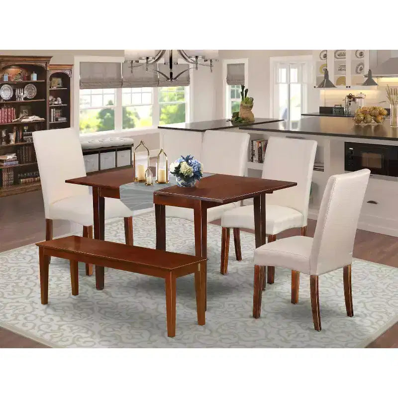 Rustic Dining Set 6 Piece - Kitchen Table with Leaf & 4 Linen Chairs, Bench - 32x60 Inch