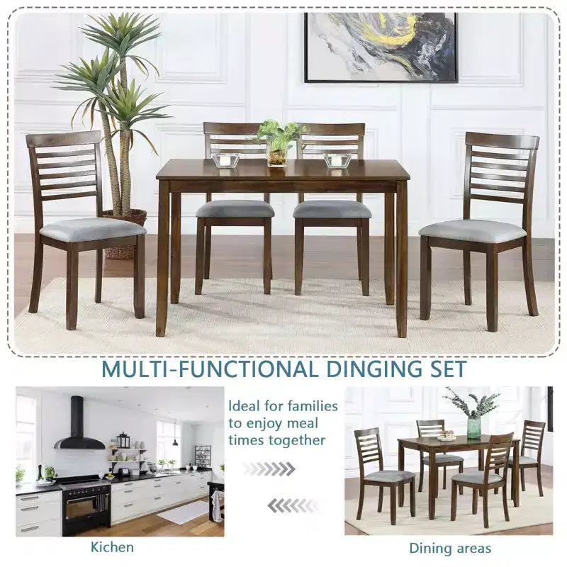 MAYEERTY 5-Piece Modern Dining Set, Rectangular Wooden Table 4 Upholstered Chairs, Kitchen Dining Room, Gray