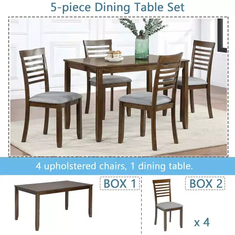 MAYEERTY 5-Piece Modern Dining Set, Rectangular Wooden Table 4 Upholstered Chairs, Kitchen Dining Room, Gray