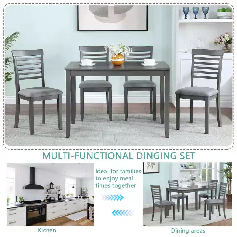 MAYEERTY 5-Piece Modern Dining Set, Rectangular Wooden Table 4 Upholstered Chairs, Kitchen Dining Room, Gray