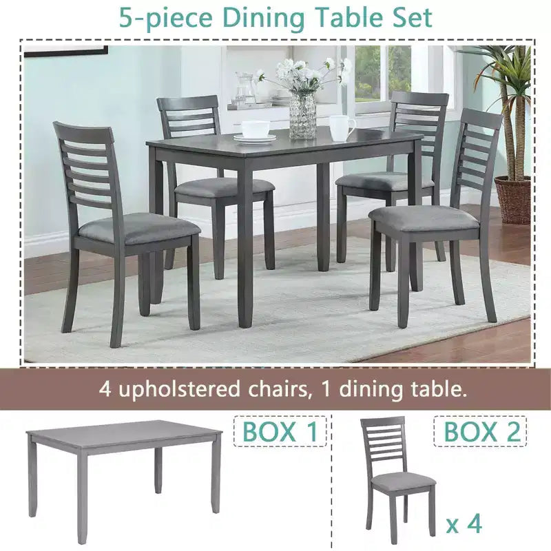 MAYEERTY 5-Piece Modern Dining Set, Rectangular Wooden Table 4 Upholstered Chairs, Kitchen Dining Room, Gray