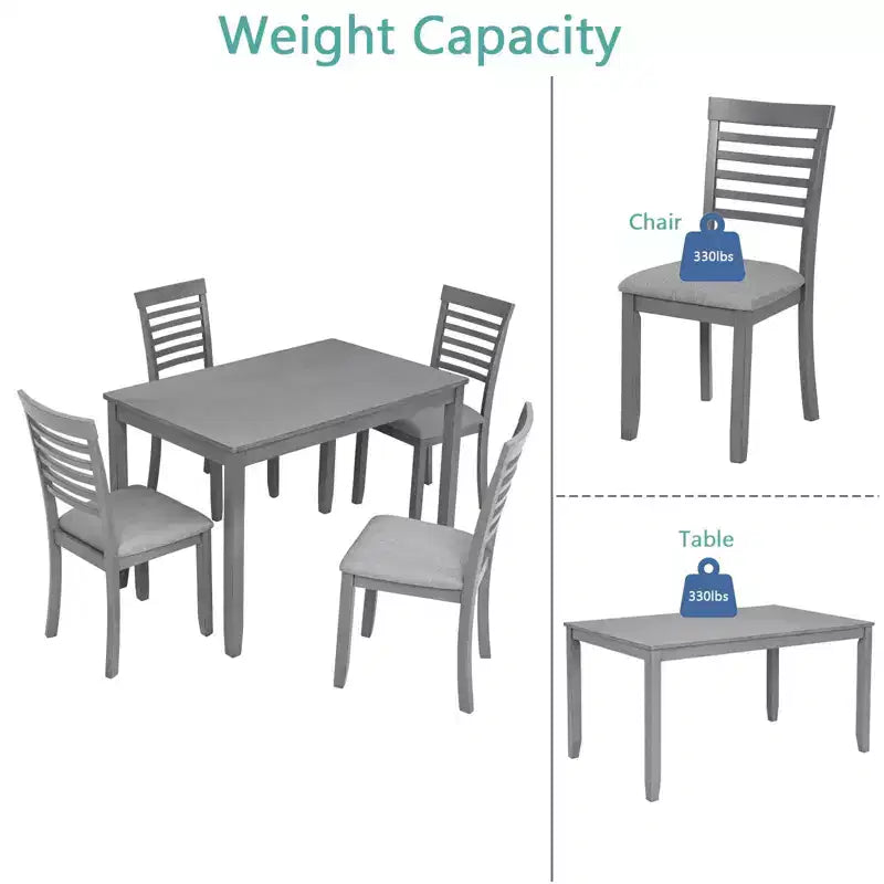 MAYEERTY 5-Piece Modern Dining Set, Rectangular Wooden Table 4 Upholstered Chairs, Kitchen Dining Room, Gray
