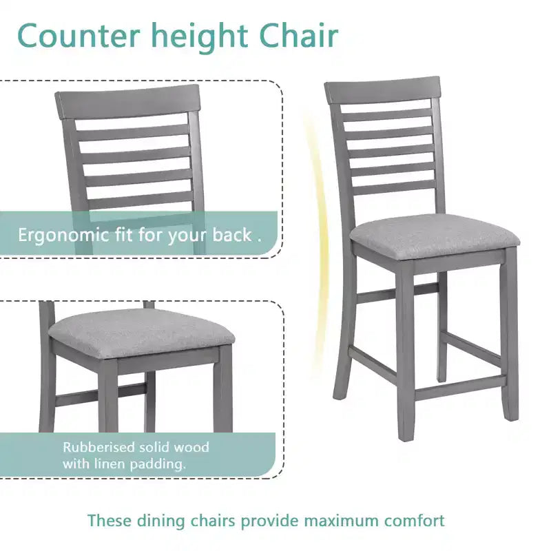 MAYEERTY 5-Piece Counter Height Dining Set, Square Wooden Table 4 Upholstered Chairs, Small Space Kitchen, Walnut
