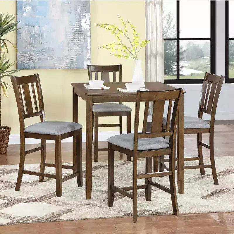 MAYEERTY 5-Piece Counter Height Dining Set, Square Wooden Table 4 Upholstered Chairs, Small Space Kitchen, Walnut
