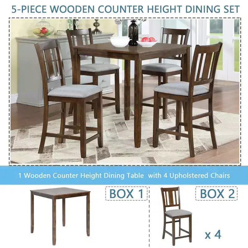 MAYEERTY 5-Piece Counter Height Dining Set, Square Wooden Table 4 Upholstered Chairs, Small Space Kitchen, Walnut