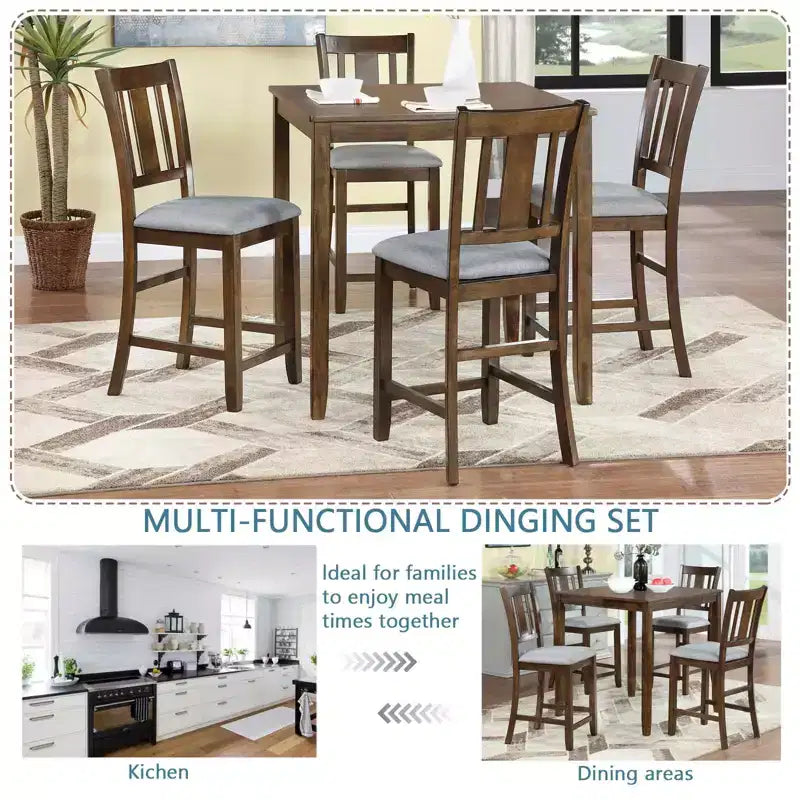 MAYEERTY 5-Piece Counter Height Dining Set, Square Wooden Table 4 Upholstered Chairs, Small Space Kitchen, Walnut