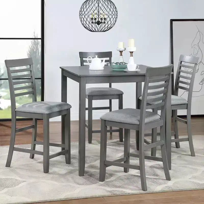 MAYEERTY 5-Piece Counter Height Dining Set, Square Wooden Table 4 Upholstered Chairs, Small Space Kitchen, Walnut