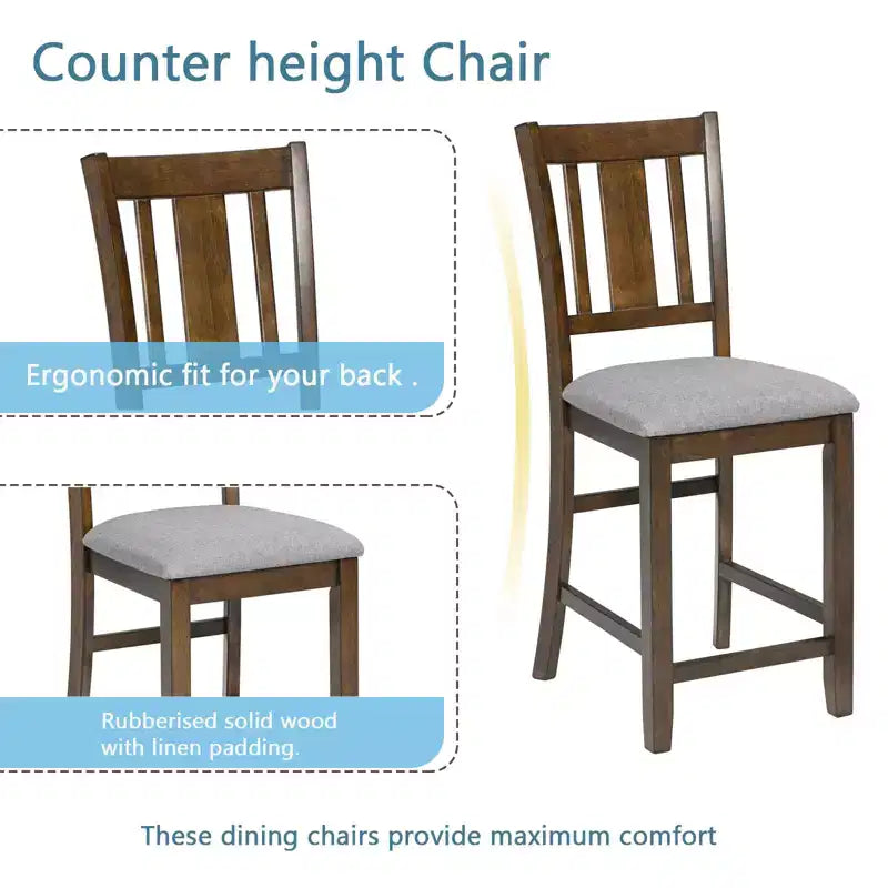MAYEERTY 5-Piece Counter Height Dining Set, Square Wooden Table 4 Upholstered Chairs, Small Space Kitchen, Walnut