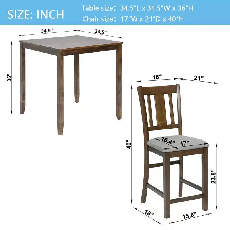 MAYEERTY 5-Piece Counter Height Dining Set, Square Wooden Table 4 Upholstered Chairs, Small Space Kitchen, Walnut