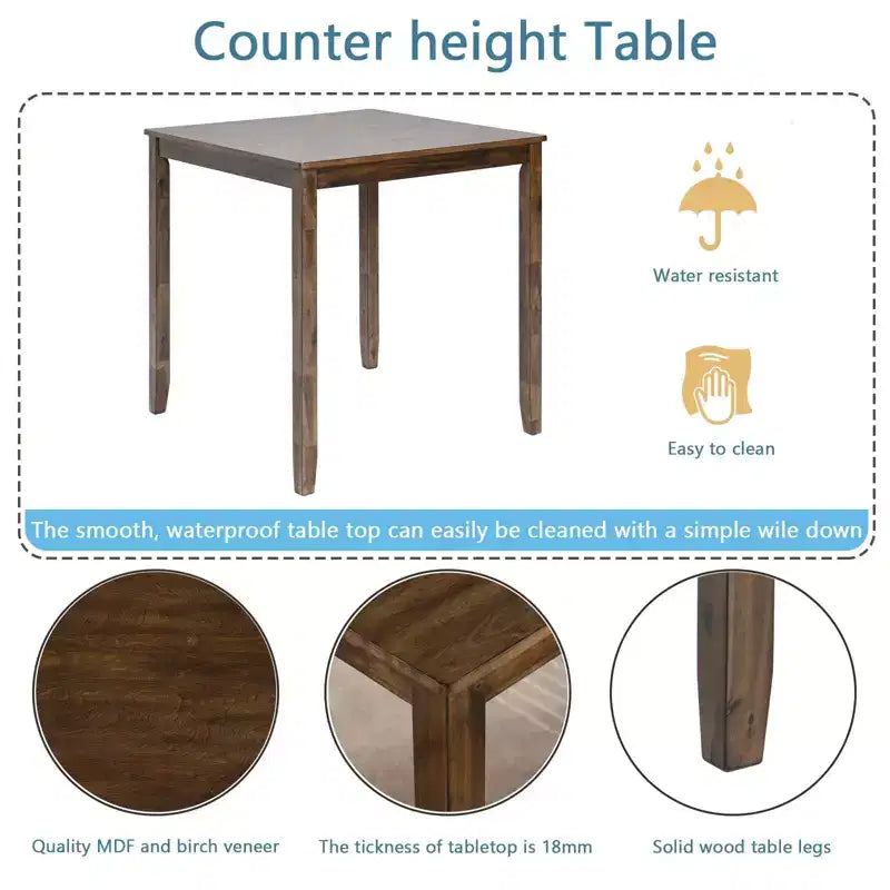 MAYEERTY 5-Piece Counter Height Dining Set, Square Wooden Table 4 Upholstered Chairs, Small Space Kitchen, Walnut