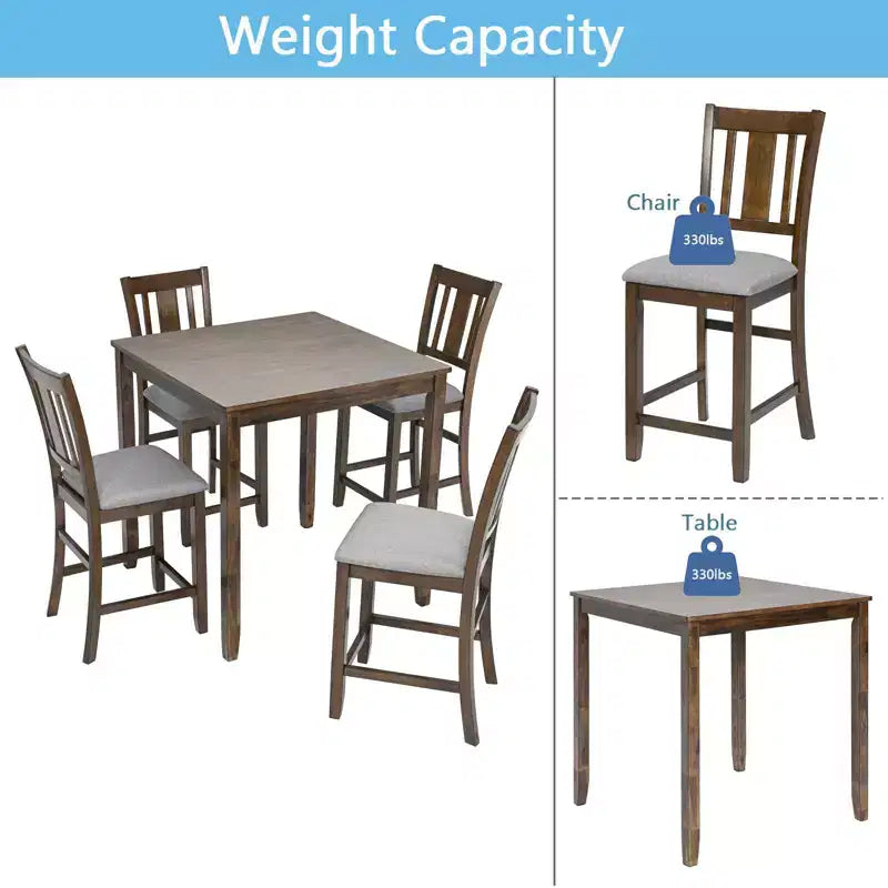 MAYEERTY 5-Piece Counter Height Dining Set, Square Wooden Table 4 Upholstered Chairs, Small Space Kitchen, Walnut