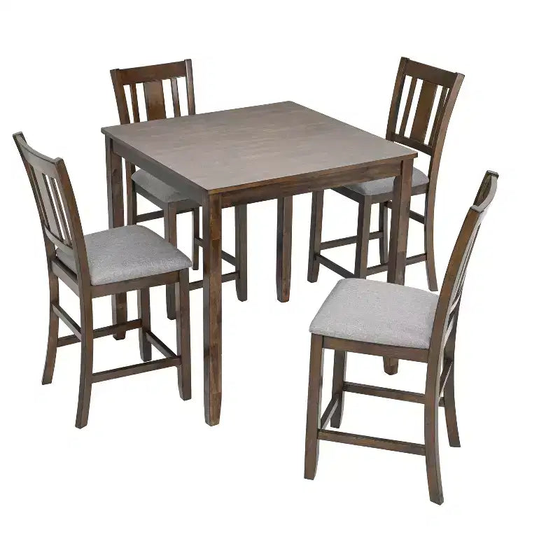 MAYEERTY 5-Piece Counter Height Dining Set, Square Wooden Table 4 Upholstered Chairs, Small Space Kitchen, Walnut