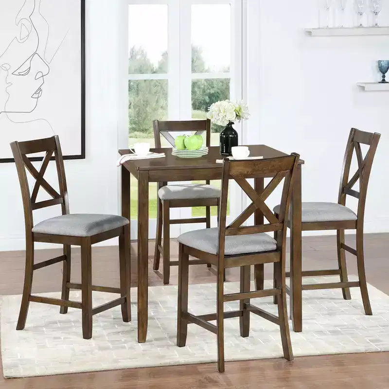 MAYEERTY 5-Piece Counter Height Dining Set, Square Wooden Table 4 Upholstered Chairs, Small Space Kitchen, Walnut