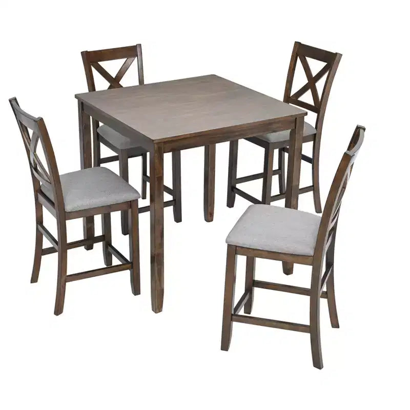 MAYEERTY 5-Piece Counter Height Dining Set, Square Wooden Table 4 Upholstered Chairs, Small Space Kitchen, Walnut