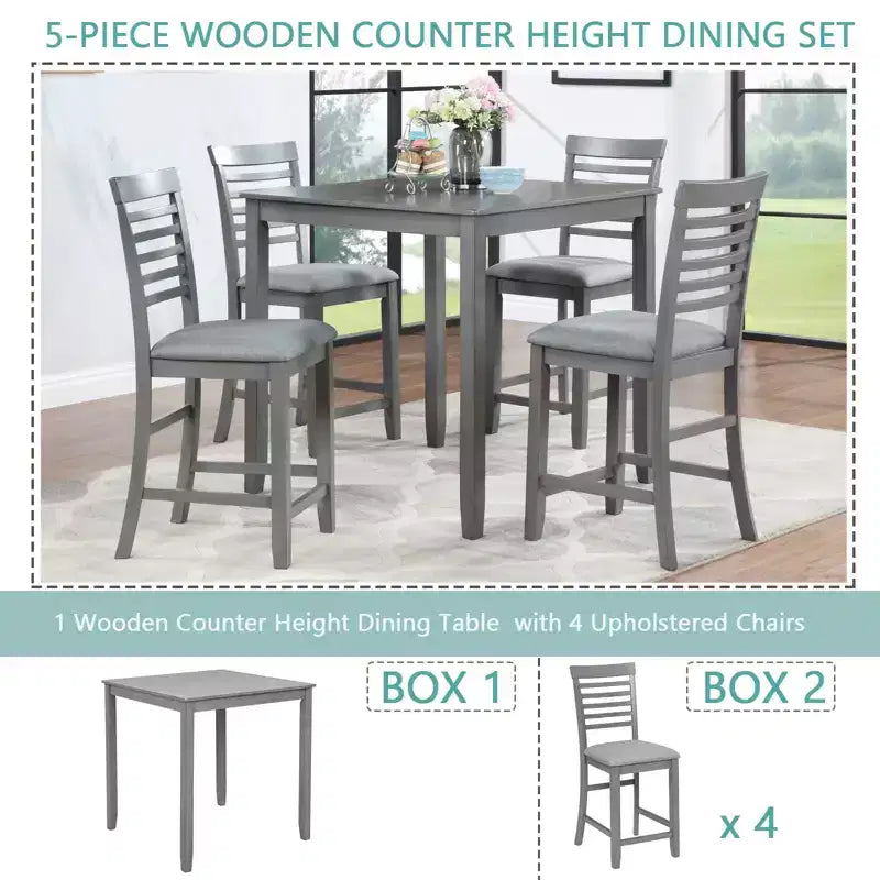 MAYEERTY 5-Piece Counter Height Dining Set, Square Wooden Table 4 Upholstered Chairs, Small Space Kitchen, Walnut