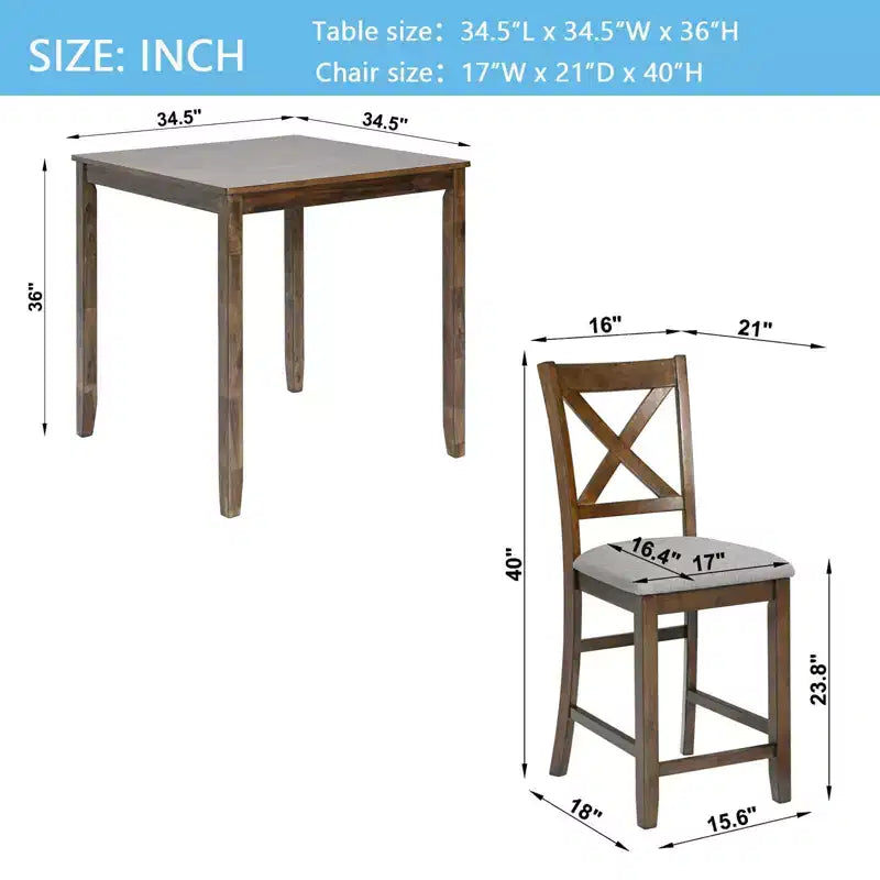 MAYEERTY 5-Piece Counter Height Dining Set, Square Wooden Table 4 Upholstered Chairs, Small Space Kitchen, Walnut