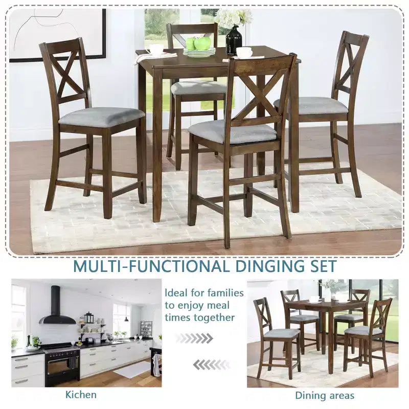 MAYEERTY 5-Piece Counter Height Dining Set, Square Wooden Table 4 Upholstered Chairs, Small Space Kitchen, Walnut
