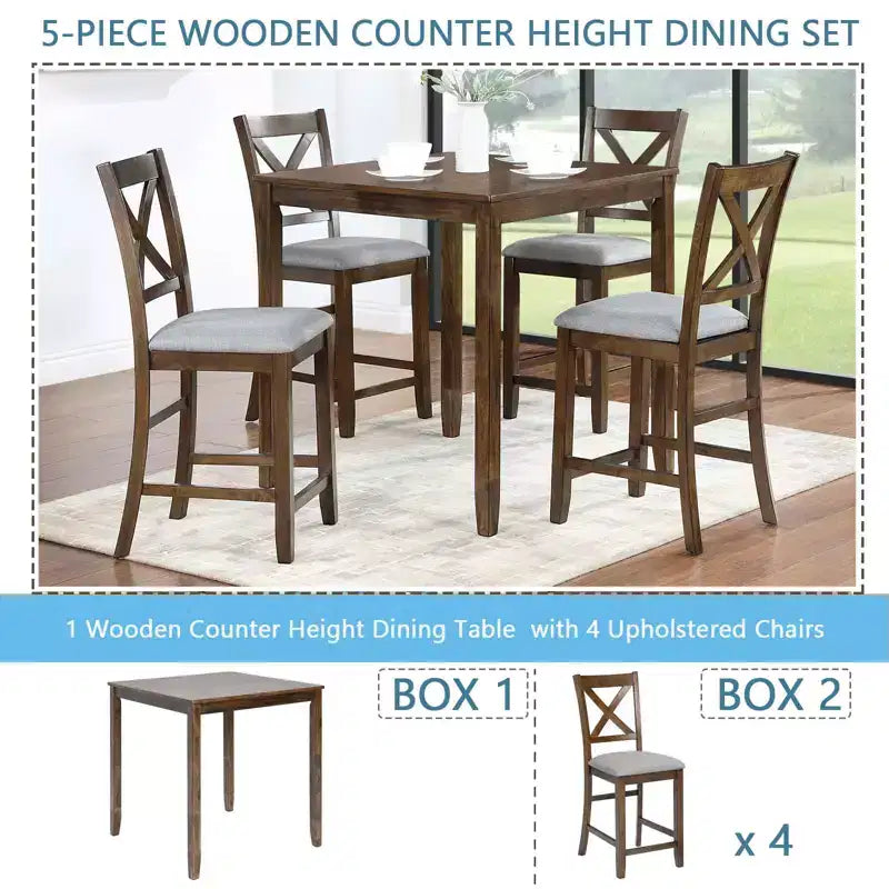 MAYEERTY 5-Piece Counter Height Dining Set, Square Wooden Table 4 Upholstered Chairs, Small Space Kitchen, Walnut