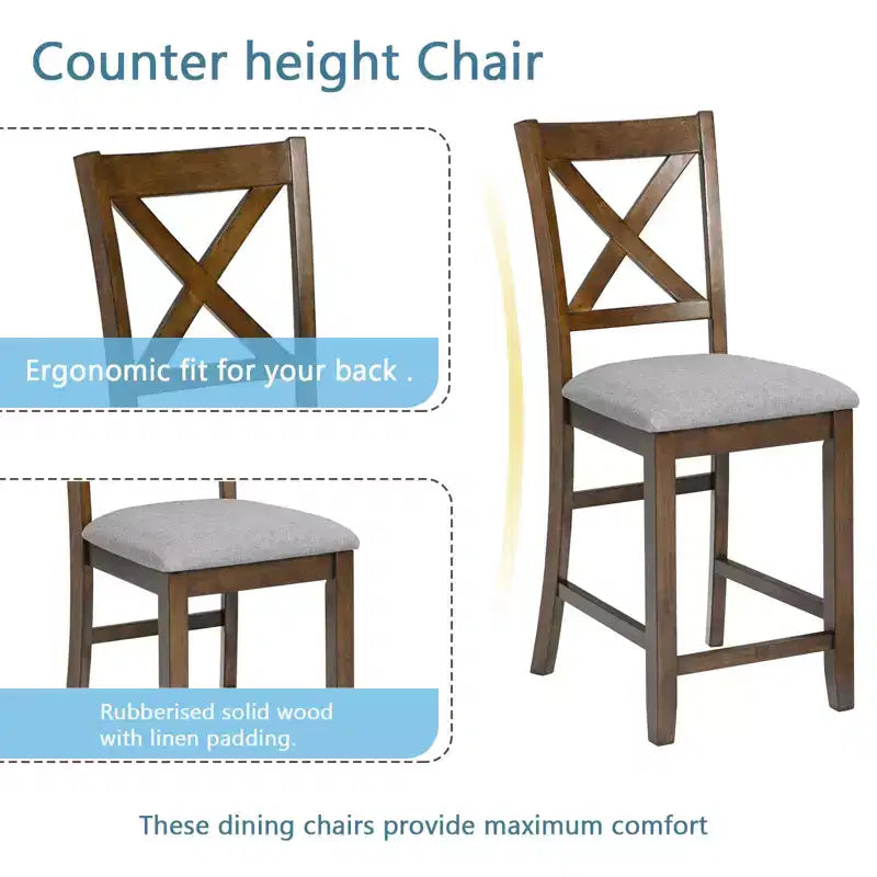 MAYEERTY 5-Piece Counter Height Dining Set, Square Wooden Table 4 Upholstered Chairs, Small Space Kitchen, Walnut