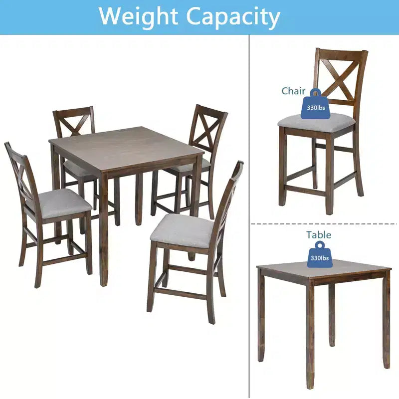 MAYEERTY 5-Piece Counter Height Dining Set, Square Wooden Table 4 Upholstered Chairs, Small Space Kitchen, Walnut