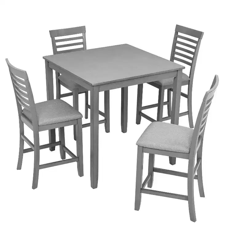 MAYEERTY 5-Piece Counter Height Dining Set, Square Wooden Table 4 Upholstered Chairs, Small Space Kitchen, Walnut
