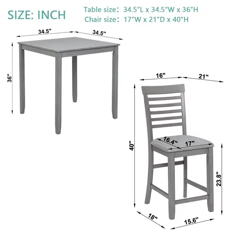 MAYEERTY 5-Piece Counter Height Dining Set, Square Wooden Table 4 Upholstered Chairs, Small Space Kitchen, Walnut