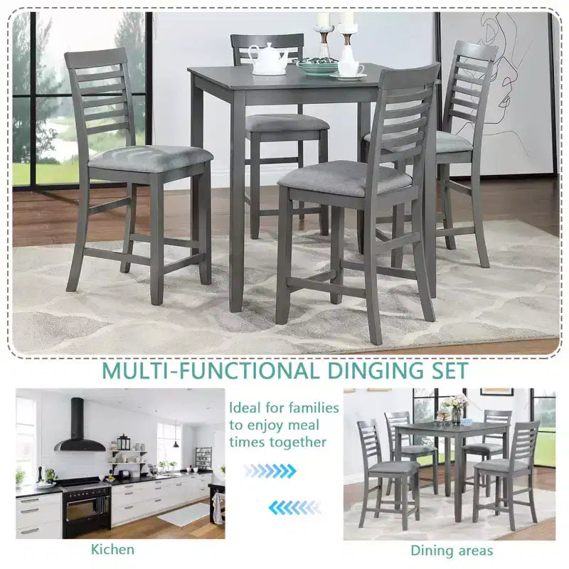 MAYEERTY 5-Piece Counter Height Dining Set, Square Wooden Table 4 Upholstered Chairs, Small Space Kitchen, Walnut