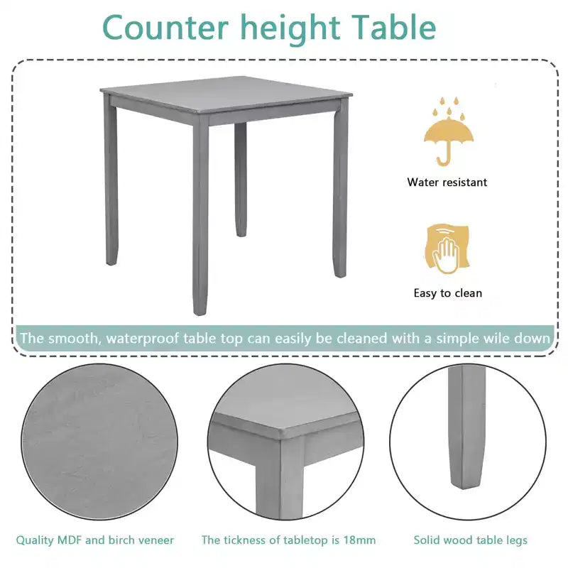 MAYEERTY 5-Piece Counter Height Dining Set, Square Wooden Table 4 Upholstered Chairs, Small Space Kitchen, Walnut
